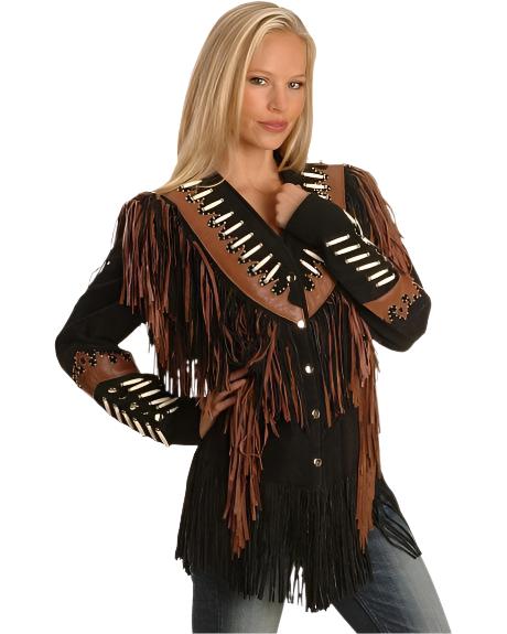 Cowgirl Black Suede Leather Fringe Bones Jacket WWJ690