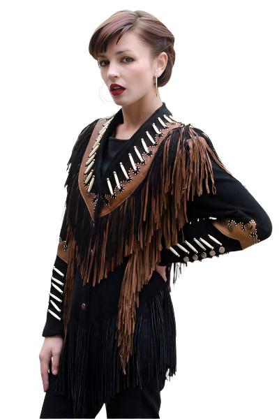 Cowgirl Black Suede Leather Fringe Bones Jacket WWJ690