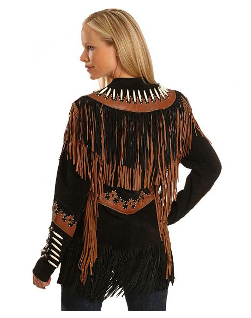 Cowgirl Black Suede Leather Fringe Bones Jacket WWJ690