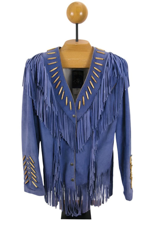 Blue Suede Leather Fringes & Bone Jacket For Women WWJ691