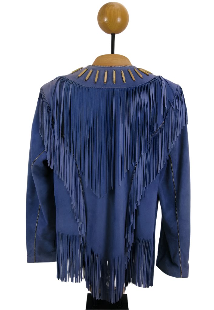 Blue Suede Leather Fringes & Bone Jacket For Women WWJ691