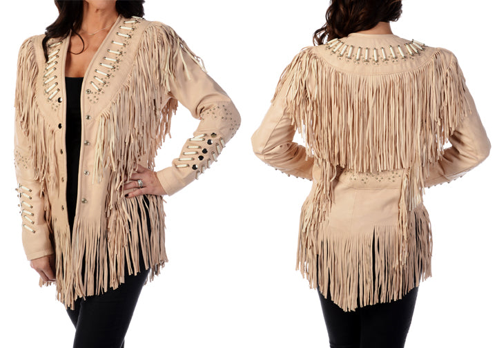 Cowgirl Beige Leather Fringes Bone & Silver Stud Jacket Coat WWJ726