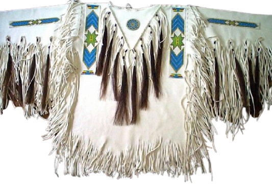 Old Style White Buckskin Suede Hide Fringes Beaded Powwow War Shirt NAL24