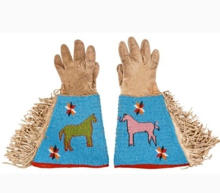 Old Native American Style Handmade Sioux Beaded Leather Gauntlet Gloves NGV25