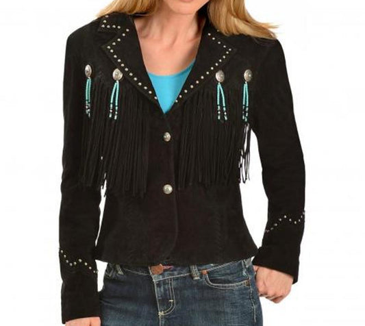 Cowgirl's Black Suede Leather Fringe Beaded Tassels Jacket WWJ612