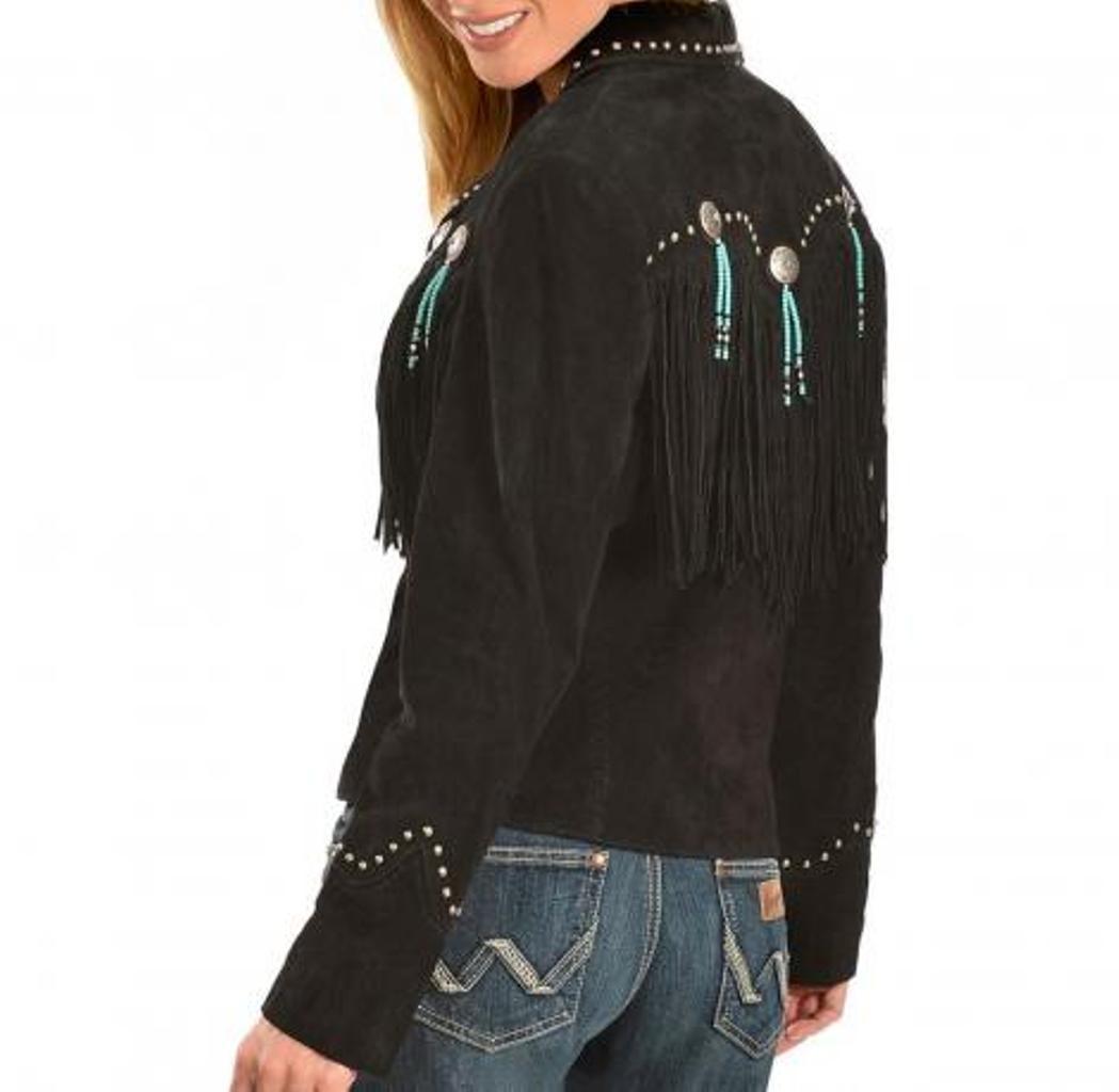 Cowgirl's Black Suede Leather Fringe Beaded Tassels Jacket WWJ612