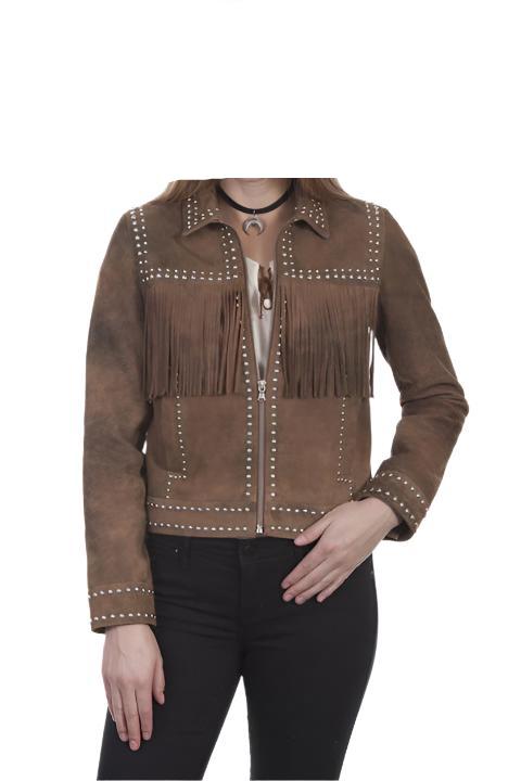 Cowgirl Brown Leather Fringes Silver Stud Jacket WWJ733