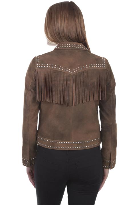 Cowgirl Brown Leather Fringes Silver Stud Jacket WWJ733