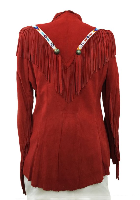 Western Red Suede Leather Fringe Beaded Cowgirl Jacket WWJ592