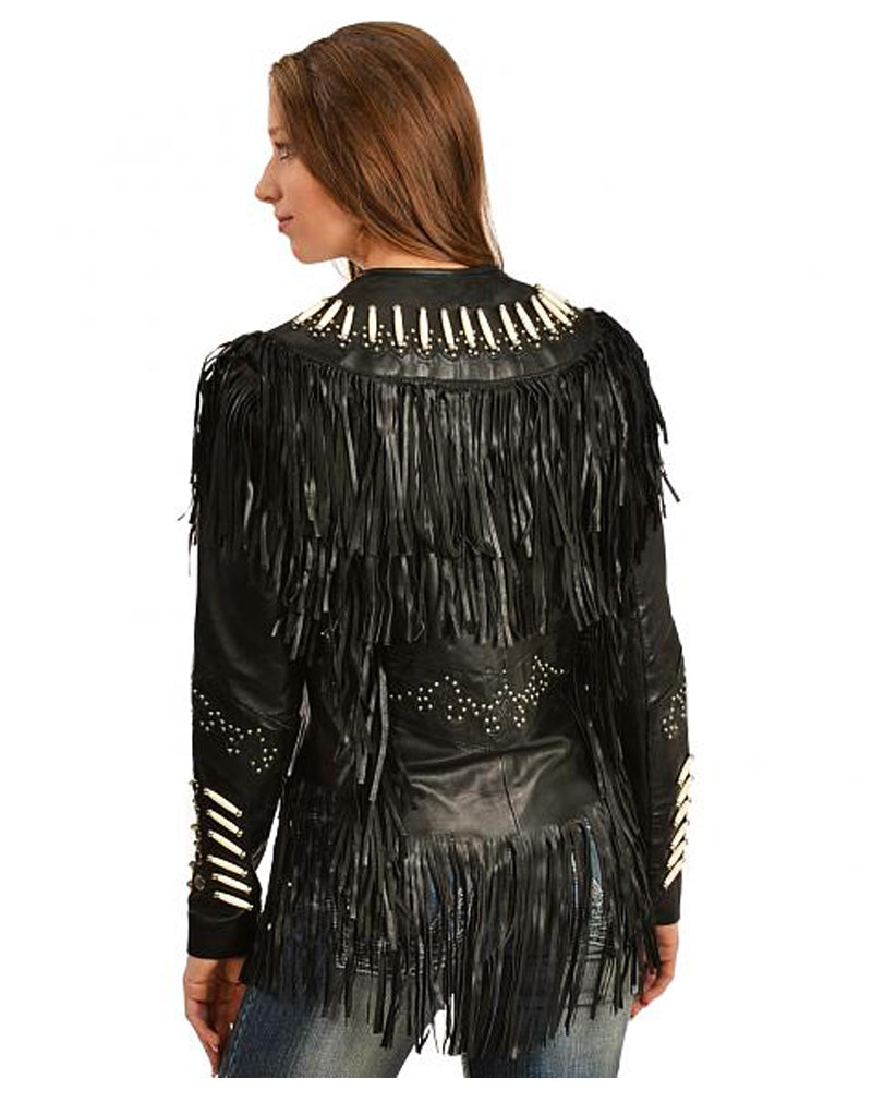 Black Leather Fringe Bone work Jacket For Women WWJ527