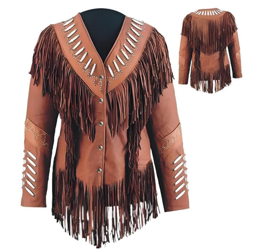 Western Cowgirl Brown Leather Fringe Bone Jacket WWJ735