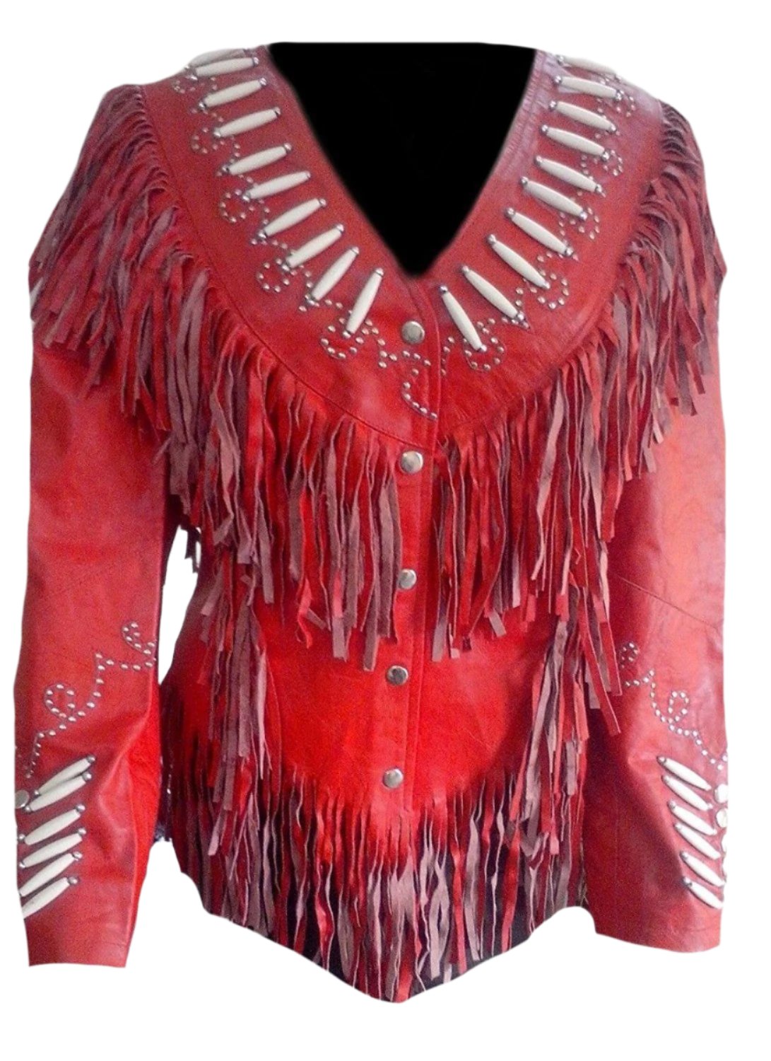 Cowgirl Red Leather Fringe Bone Jacket Coat WWJ582