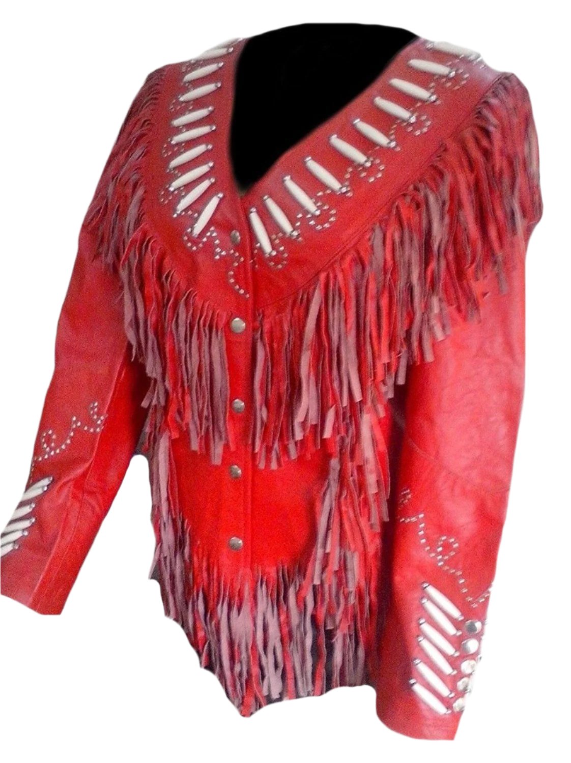 Cowgirl Red Leather Fringe Bone Jacket Coat WWJ582