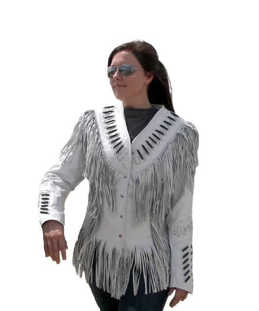 White Leather Fringes Bone work Jacket For Women WWJ521