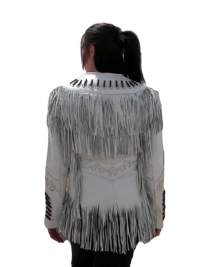 White Leather Fringes Bone work Jacket For Women WWJ521