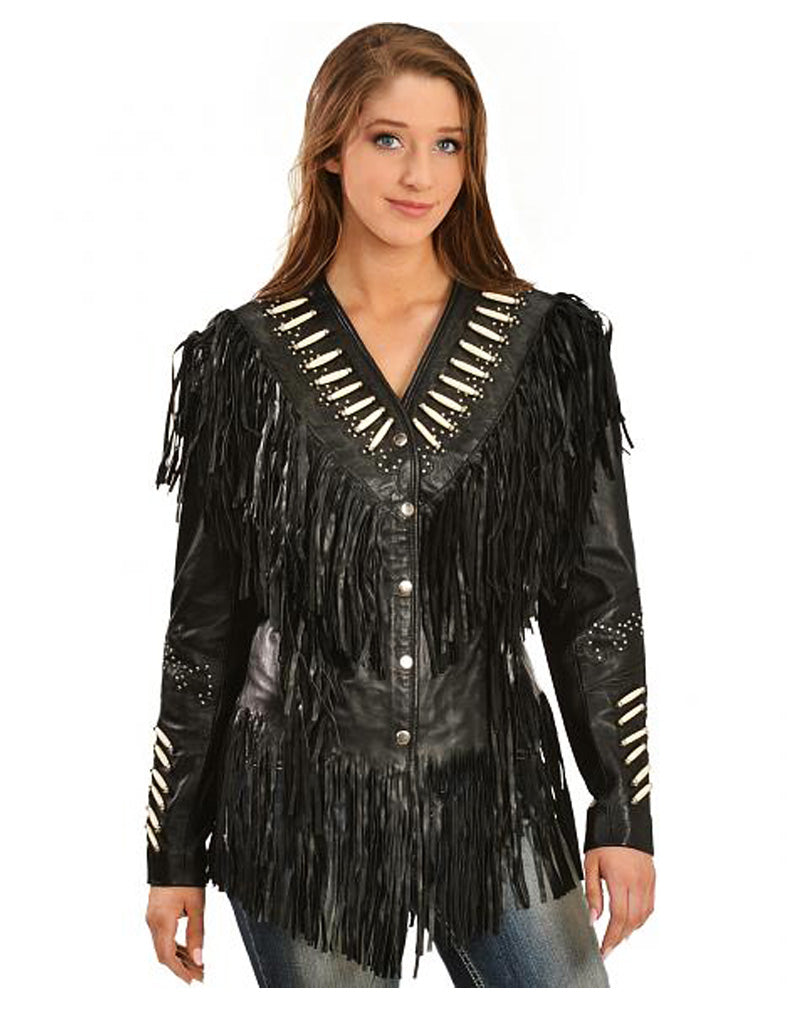 Black Leather Fringe Bone work Jacket For Women WWJ527