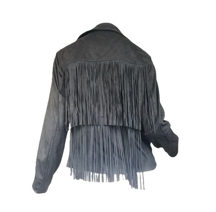 Black Suede Leather Fringe Biker Jacket For Women WWJ548