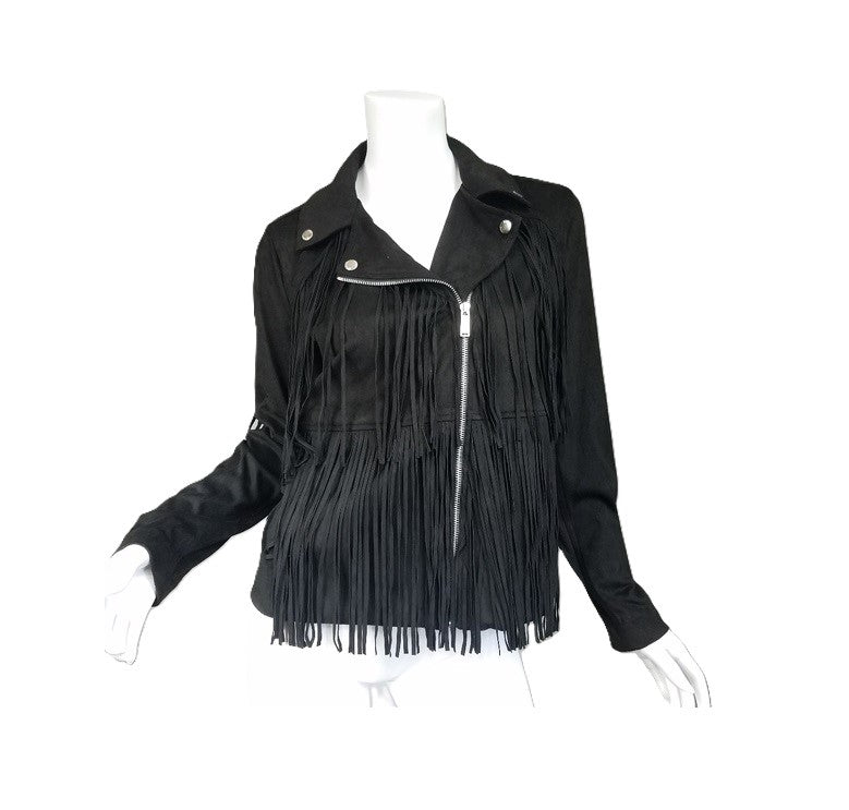 Black Suede Leather Fringe Biker Jacket For Women WWJ548