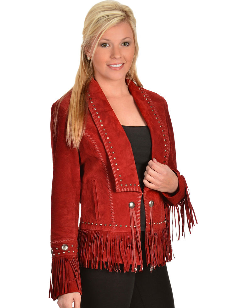 Western Red Suede Leather Fringe Silver Studded Jacket WWJ594