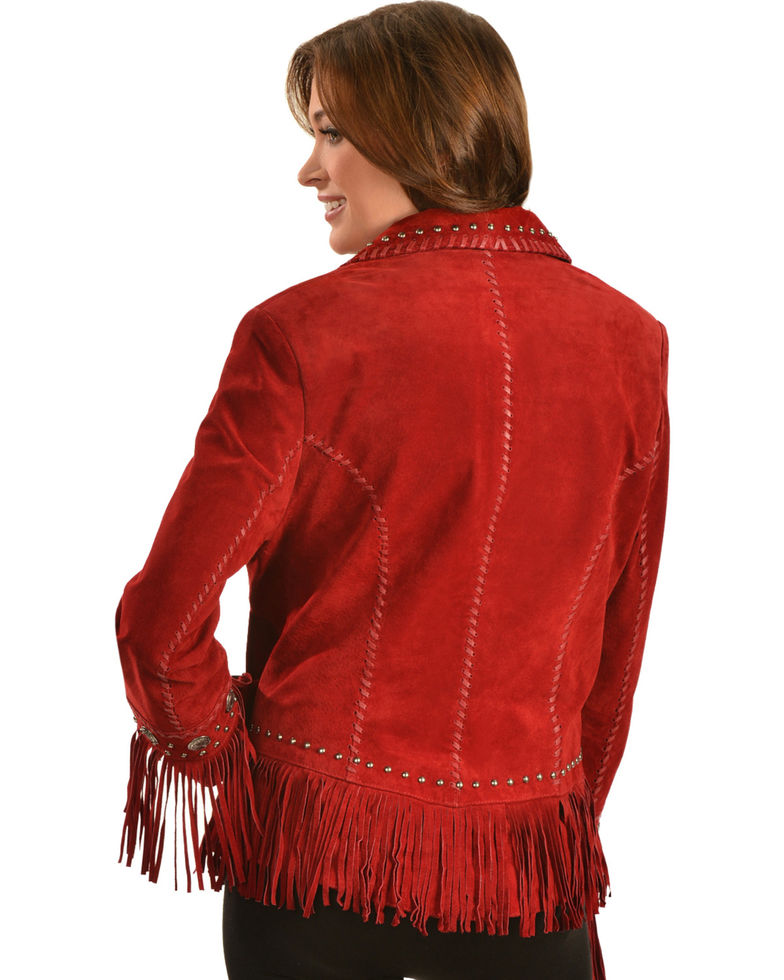 Western Red Suede Leather Fringe Silver Studded Jacket WWJ594