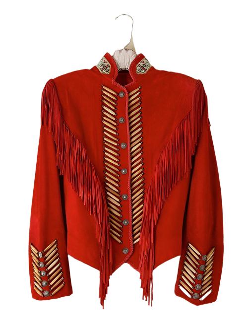 Cowgirl Western Red Suede Leather Bone Fringe Jacket WWJ683