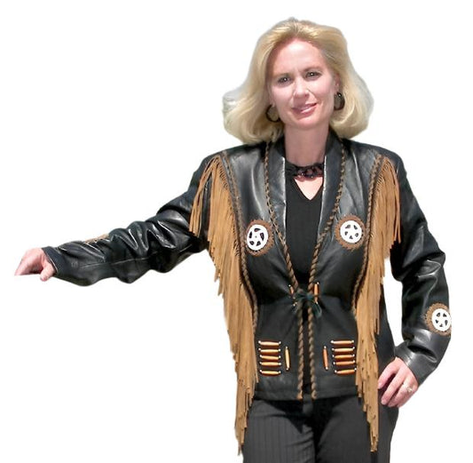 Cowgirl Black Leather Bones Fringes Beadwork Jacket WWJ615