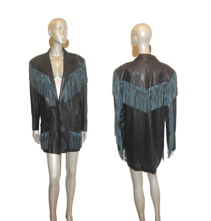 Black Teal Blue Leather Fringed Jacket Coat For Women WWJ609