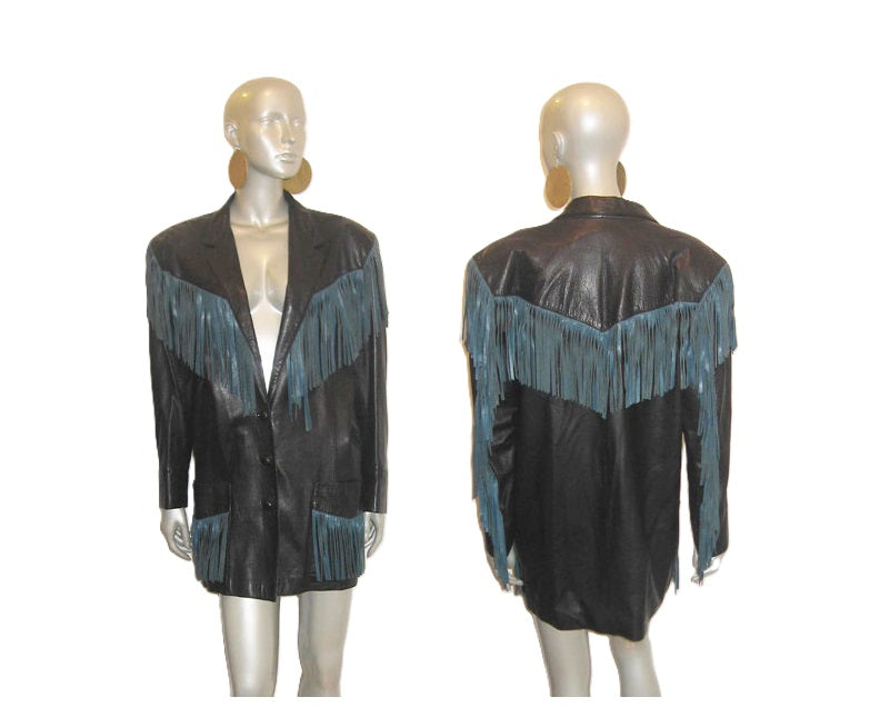 Black Teal Blue Leather Fringed Jacket Coat For Women WWJ609