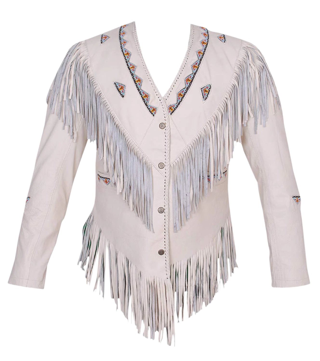 Western Beige Leather Fringes Beaded Jacket For Women WWJ673