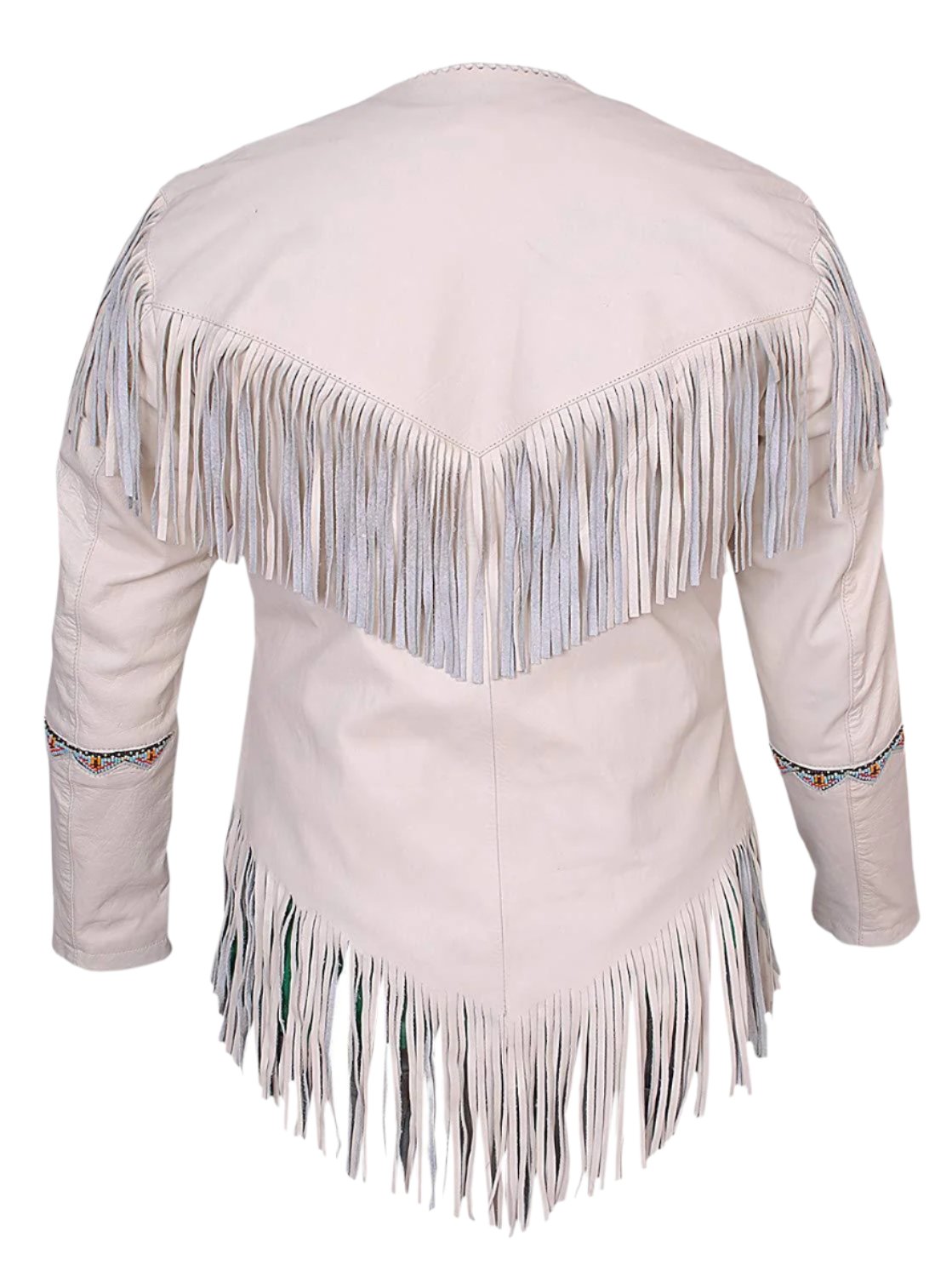 Western Beige Leather Fringes Beaded Jacket For Women WWJ673