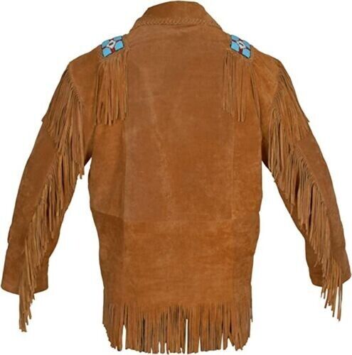 Men's Western Buckskin Suede Leather Mountain Man Shirt Fringe Beaded MMS755