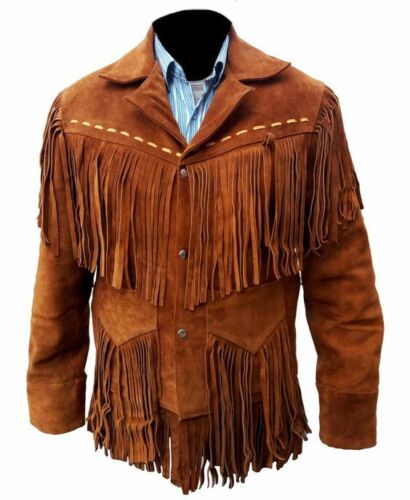 Men's Western Brown Suede Leather Fringes Jacket MW870