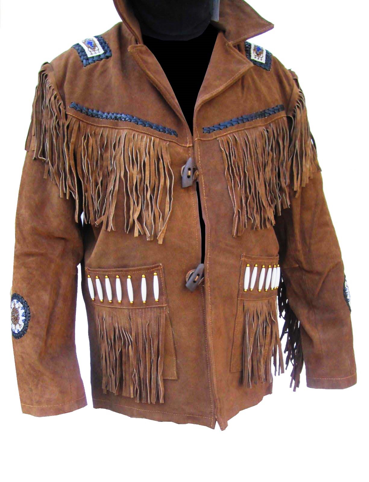 Men's Western Brown Buckskin Suede Leather Beaded Fringes Jacket MWJ28