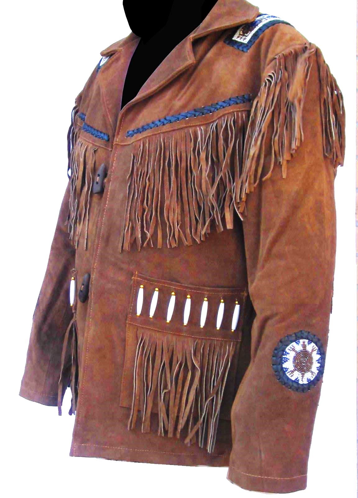 Men's Western Brown Buckskin Suede Leather Beaded Fringes Jacket MWJ28