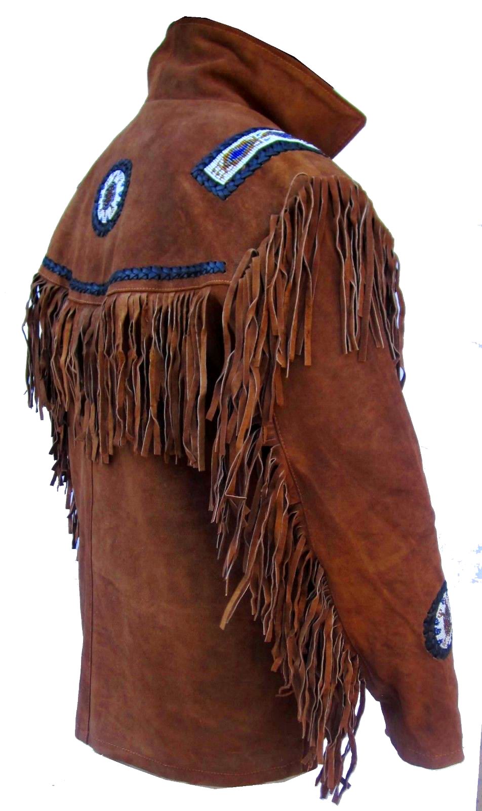 Men's Western Brown Buckskin Suede Leather Beaded Fringes Jacket MWJ28