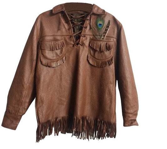 Men's Western Brown Buckskin Hide Mountain Man Fringes Pullover Shirt MMS28