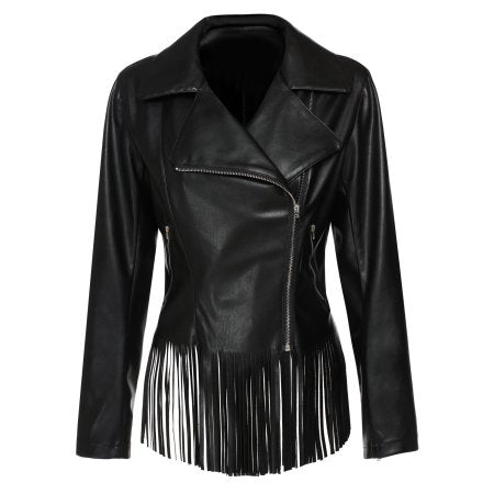 Black Real Leather Fringe Biker Jacket For Women WWJ529