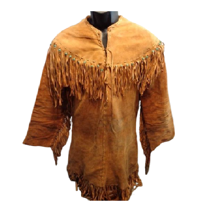 Men's Western Brown Buckskin Suede Hide Mountain Man Fringes Pullover Shirt MMS298