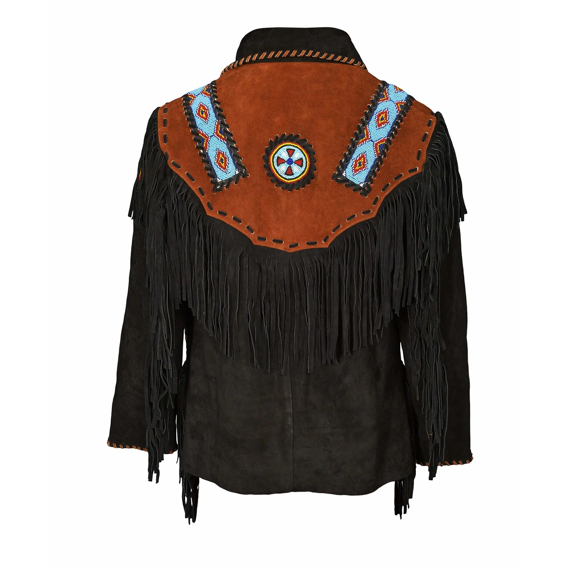 Men's Western Black Suede Leather Fringe Beaded Jacket MW857