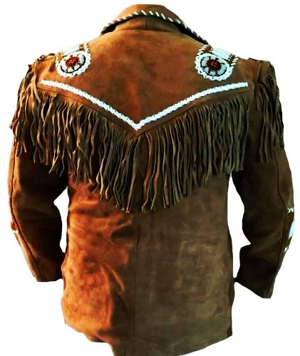 Men's Western Brown Buckskin Suede Leather Beaded Fringes Jacket MWJ02