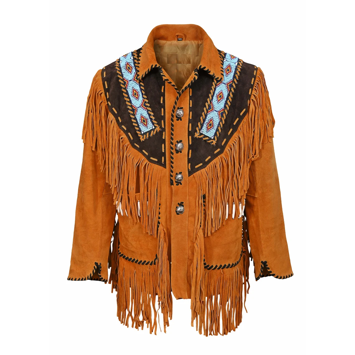 Men's Western Black Suede Leather Fringe Beaded Jacket MW857