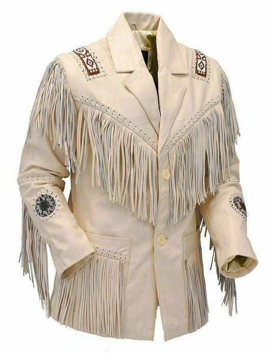 Men's Western Beige Buckskin Leather Fringes Beaded Jacket MWJ874