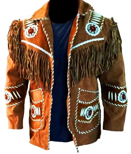 Men's Western Brown Buckskin Suede Leather Beaded Fringes Jacket MWJ02