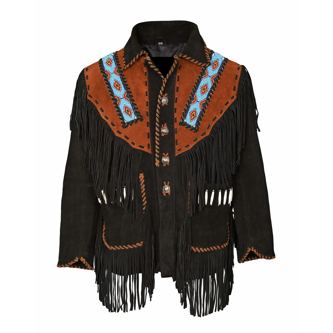 Men's Western Black Suede Leather Fringe Beaded Jacket MW857