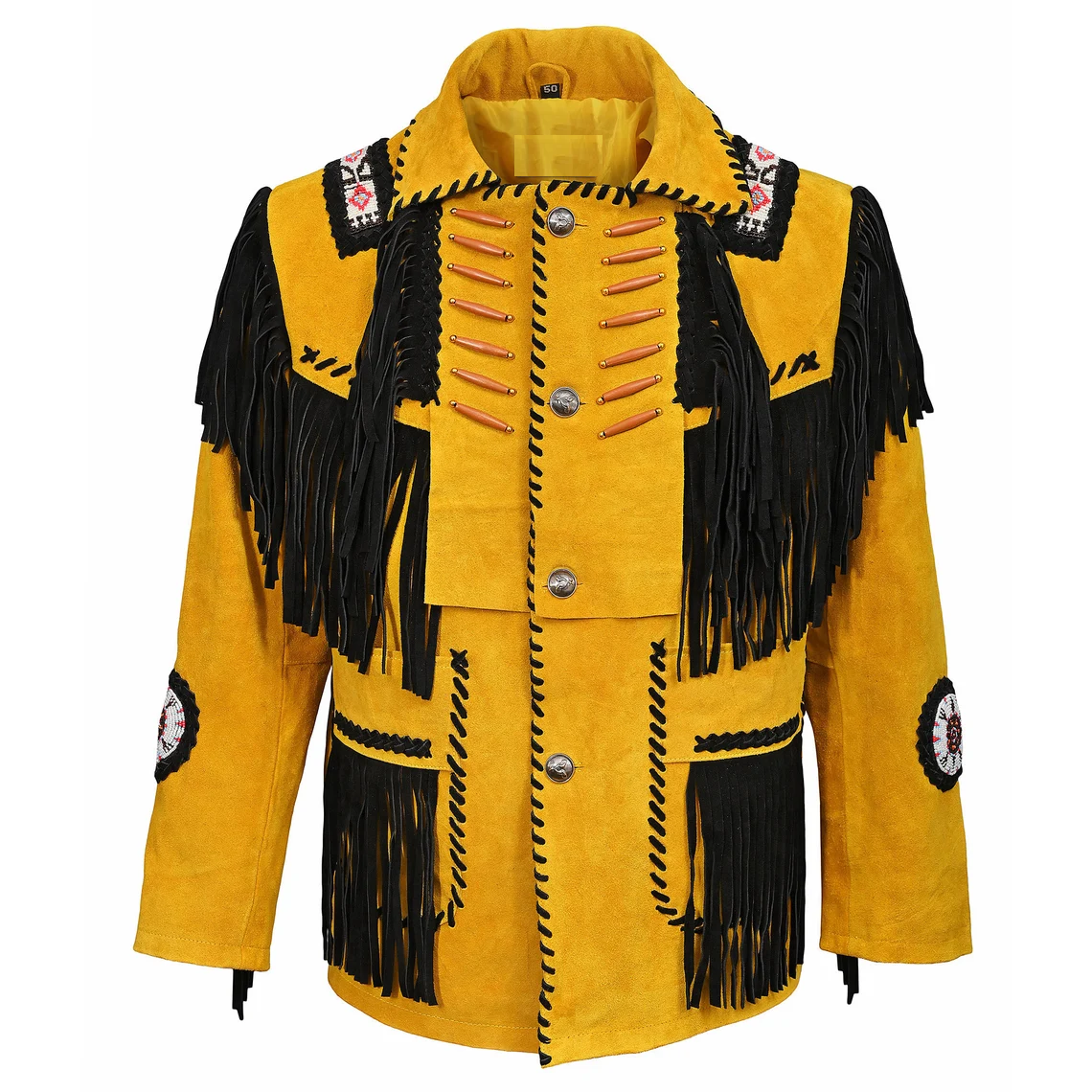 Men's Western Golden Suede Leather Fringes Beaded Jacket MW851