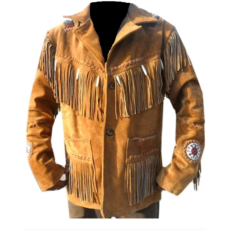 Men's Western Brown Buckskin Suede Leather Beaded Fringes Jacket MWJ30