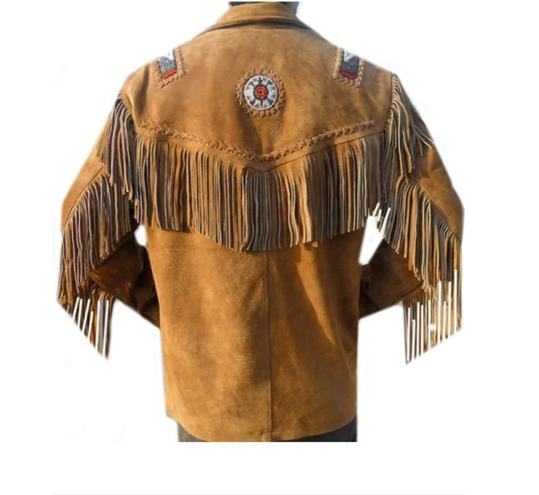 Men's Western Brown Buckskin Suede Leather Beaded Fringes Jacket MWJ30