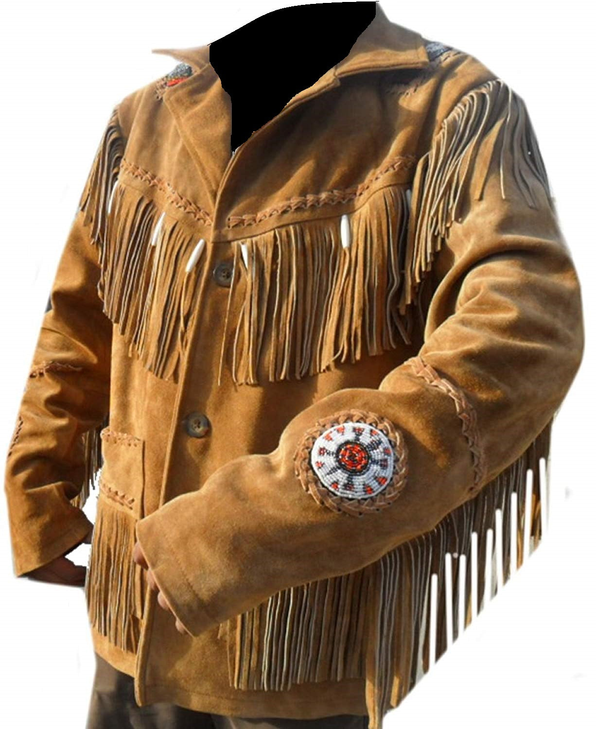 Men's Western Brown Buckskin Suede Leather Beaded Fringes Jacket MWJ30