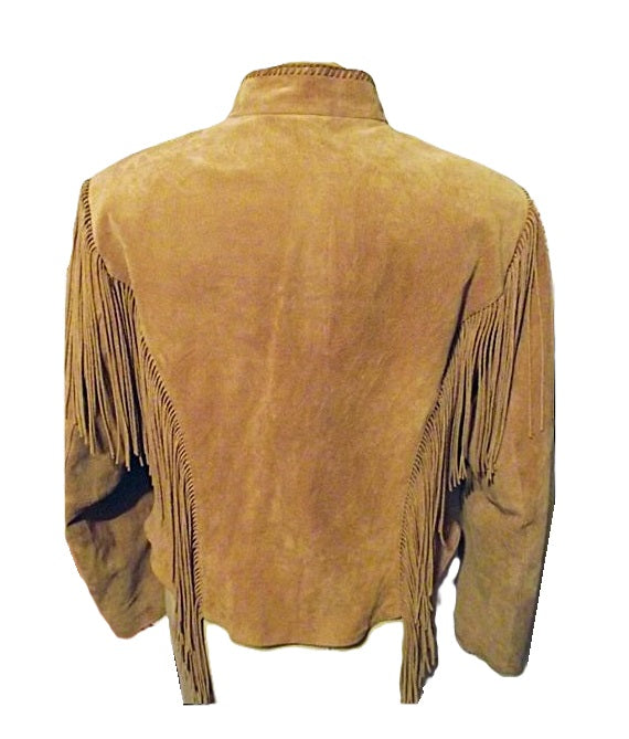 Golden Brown Suede Leather Bone Fringe Jacket For Women WWJ520