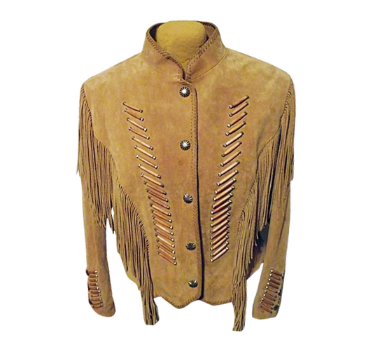 Golden Brown Suede Leather Bone Fringes Jacket For Women WWJ519
